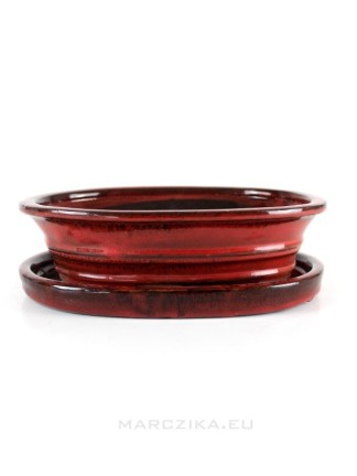 Piros mázas bonsai tál alátéttel - 21 x 16 x 6 cm