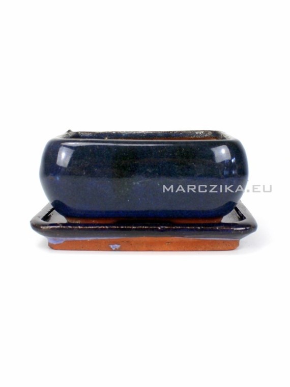 Használt kék mázas bonsai tál alátéttel - 12 x 9 cm