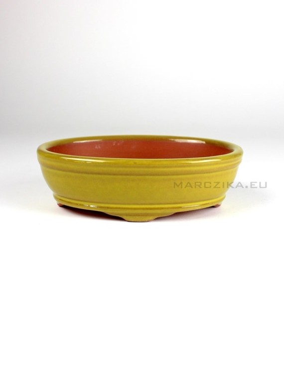 Yellow glazed oval shohin bonsai pot 15 x 11 x 4,5 cm