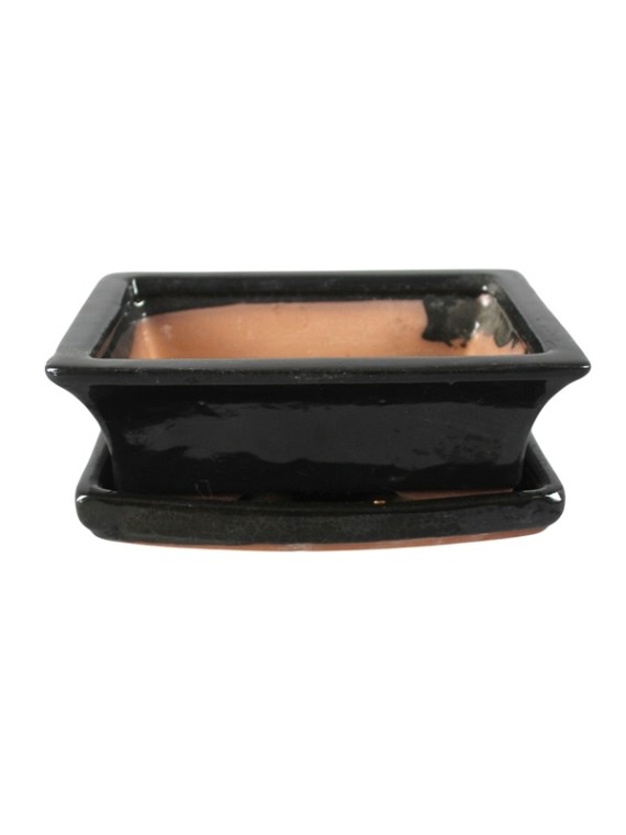 Kínai mázas bonsai tál alátéttel - fekete - 20 cm