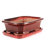 Red glazed bonsai pot with drip tray - 26,5 x 20 x 8,5 cm