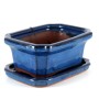 Blue glazed bonsai pot with drip tray - 15 x 11 x 6 cm